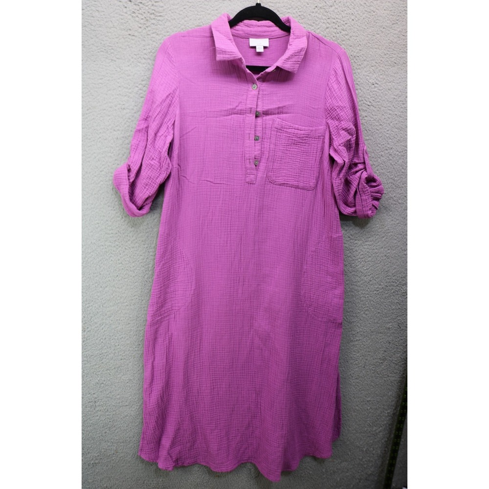 J. Jill Cotton Gauzy Purple 3/4 Roll-Tab Sleeves Dress-Small-Pockets-Preppy